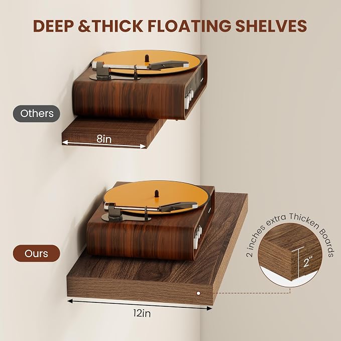 Vivelove Square Floating Shelves 12x12” Set of 2, Walnut | Easy Install with Hardware, Invisible Brackets, No Sagging, Living Room Display Shelf, 2" Thick，Engineered Wood