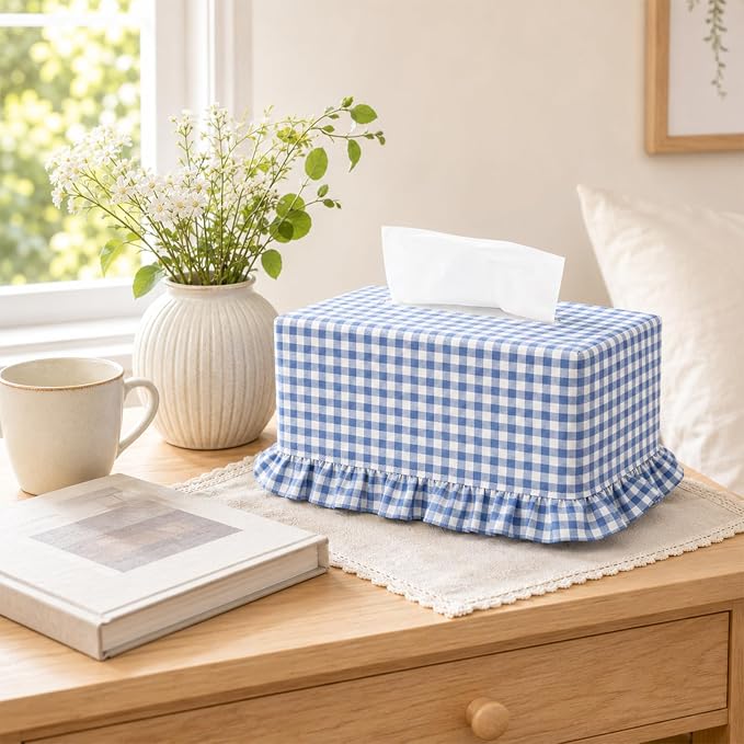 Sawysine Blue Check Plaid Fabric Tissue Box Cover Coastal Beach Style Ruffled Rectangular Napkin Holder Fresh Ocean Household Decor Sleeve for Home Bathroom Living Room Kitchen Indoor Seaside Decor