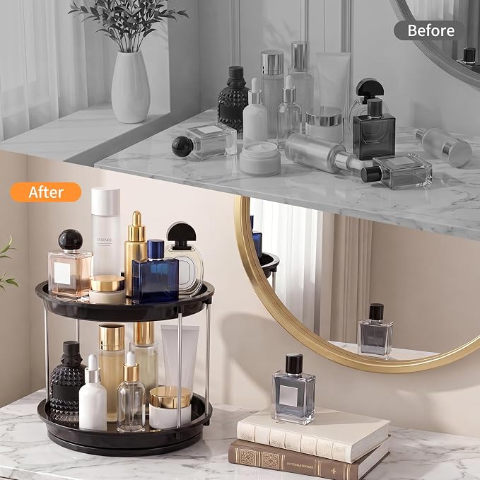 360 Rotating Makeup Organizer for Vanity, 2 Tier Cologne Organizer for Men, Skincare & Perfume Holder for Bathroom Counter, Dresser, Shelf, Cabinet, Black