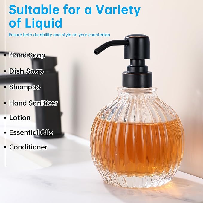 Round Soap Dispenser Bathroom with Oil Rubbed Bronze Pump, Glass Bottle with Stainless Steel Pump Liquid Sphere Soap Dispenser Circular Countertop Kitchen