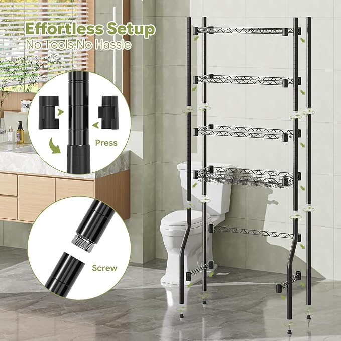 Simple Trending 4 Tier Over The Toilet Storage Rack, Bathroom Organizers and Storage Over Toilet with Adjustable Shelf and Basket, (Black)