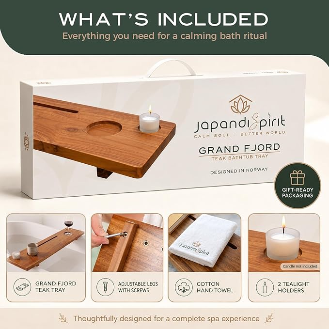 Grand Fjord 35" Luxury Teak Bathtub Tray for Large Tubs | Bath tub tray wood for freestanding tubs, bathtub trays for tub, bath tray for tub, bath table tray, soaking, home spa