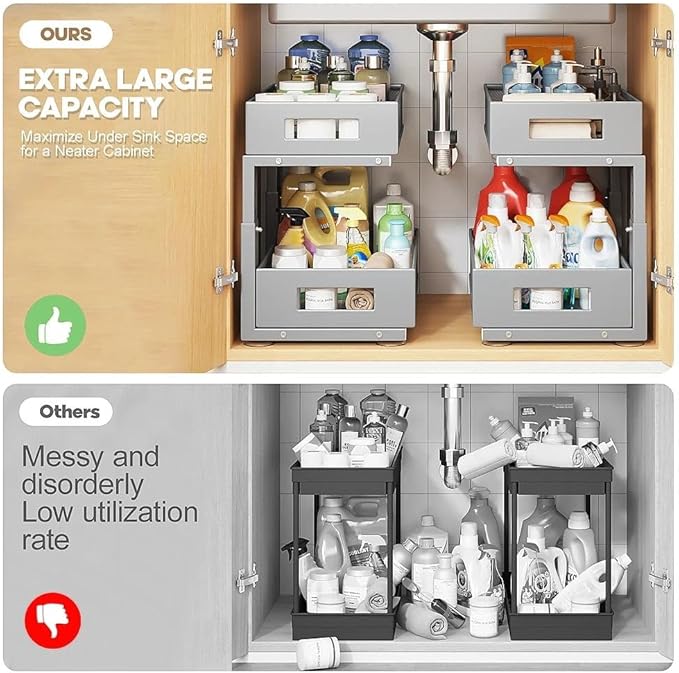 Under Sink Organizer,2-Tier Dual Pull Out Cabinet Organizer Drawers With Smooth Circular Rail,Large Capacity Metal Mesh Sliding Shelves For Bathroom& Kitchen Storage,Height Adjustable–Gun Gray,2 Packs
