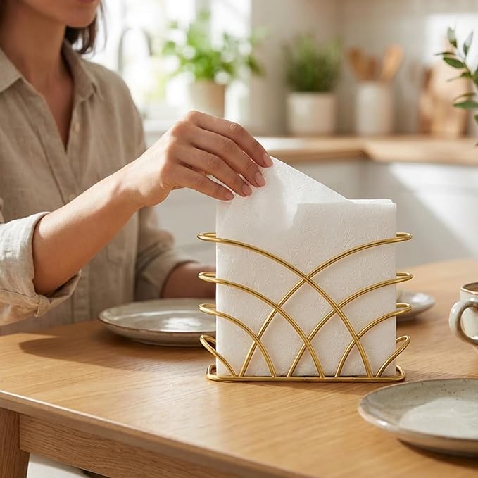 Napkin Holder for Table, Gold Iron Upright Paper Dispenser Caddy | Dinner Napkins, Lunch Napkins & Table Decor