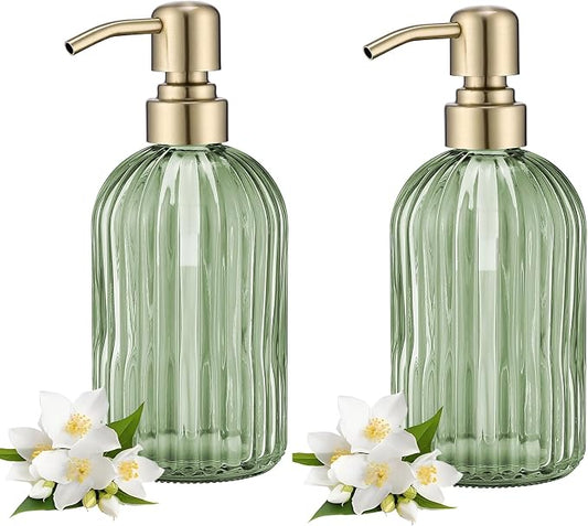 16Oz Green Glass Soap Dispenser with Rust Proof Stainless Steel Pump, Green Stripe Bathroom Hand Dish Lotion Dispensers with Brushed Gold Pump,Brushed Gold Glass Soap Dispenser,2 Packs