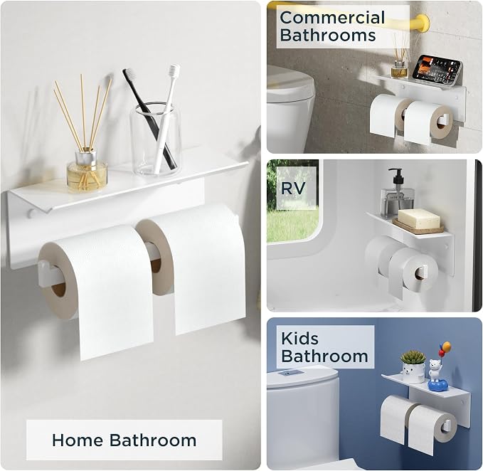 FORIOUS Toilet Paper Holder with Shelf, Commercial Toilet Paper Dispenser | White| SUS304 Stainless Steel Wall Mount Double Bathroom Tissue Roll Holder for Hotel, Apartments, etc