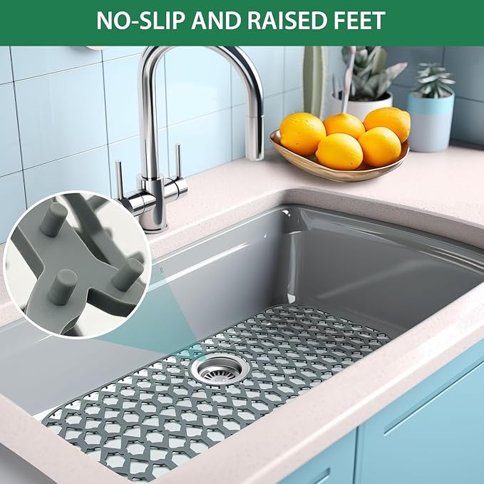 Silicone Sink Protector for Multi-Size Kitchen Sink（28" x 14.4",Rear Drain） | Flexible and durable, heat-resistant, machine washable, non-slip, gray grid.