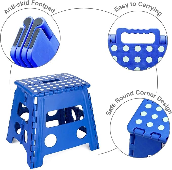 ACKO 13 Inch Folding Step Stool, Holds 300 lb for Adults and Kids, Blue | Collapsible Foldable Stools, Non-Slip Surface Heavy Duty Foot Stepping stool for Kitchen Bathroom Outdoor, Built-in Handle