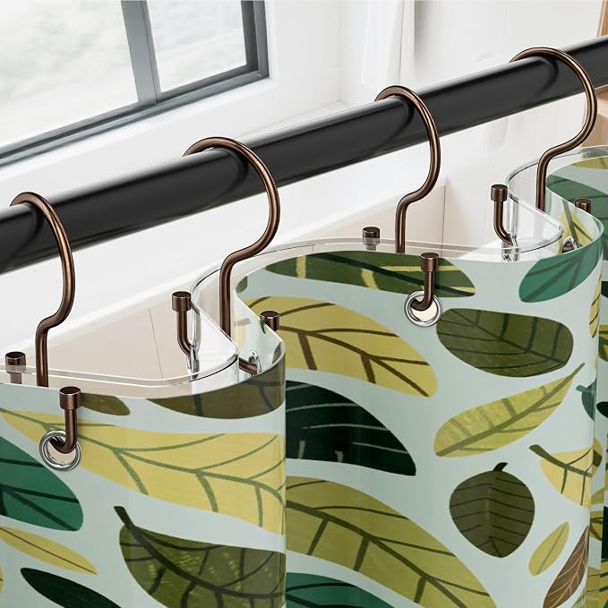 OEH Shower Curtain Hooks, 12 Pcs Shower Curtain Rings, Durable Shower Curtain Hooks Rust Proof, Shower Rings for Curtain, Free Sliding Anti-Drop Double Shower Hooks for Shower Curtain Rod, Bronze