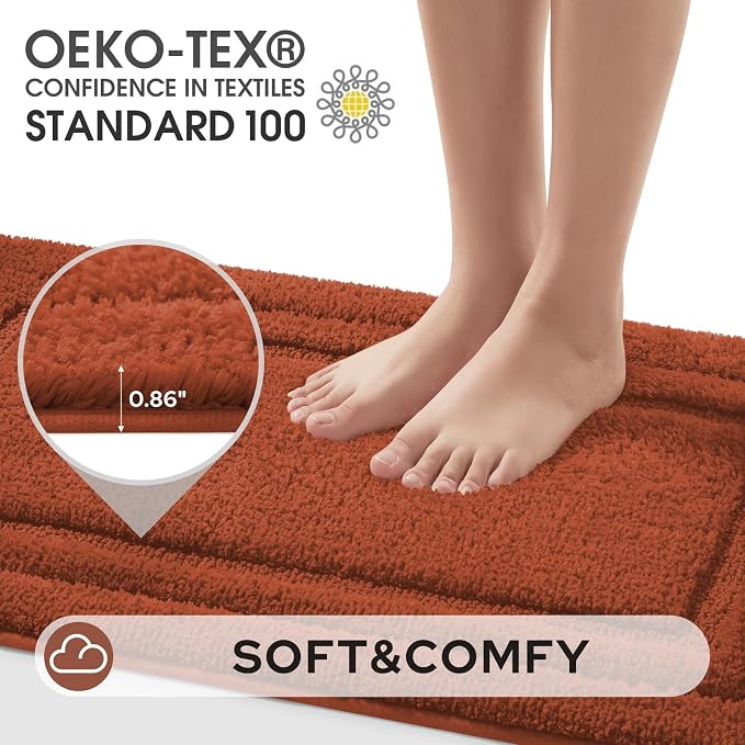 HOMEIDEAS Bathroom Rugs Sets 2 Piece, Super Soft and Absorbent Non Slip Microfiber Machine Washable Bath Mat Set (20" x 47" + 16" x 24", Burnt Orange)