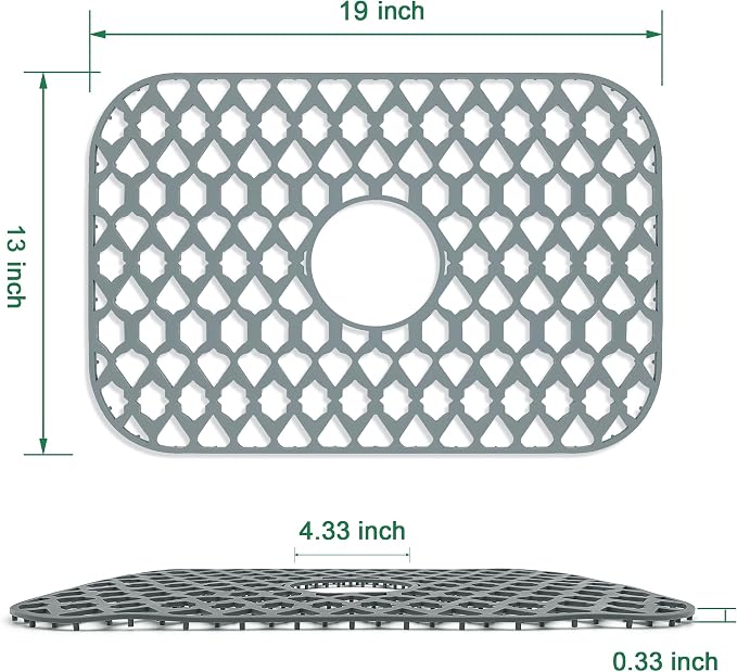 Silicone Sink Protector for Multi-Size Kitchen Sink(19"x13", Center Drain) | Flexible and durable, heat-resistant, machine washable, non-slip, gray grid.