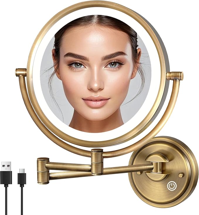 10" Wall Mounted Makeup Vanity Mirror with Light and Magnification 5X | 3 Color LED Dimmable, Double-Sided Extension Swing Arm for Bathroom Wall, Touch Dimming, Hardwired, Brushed Antique Brass