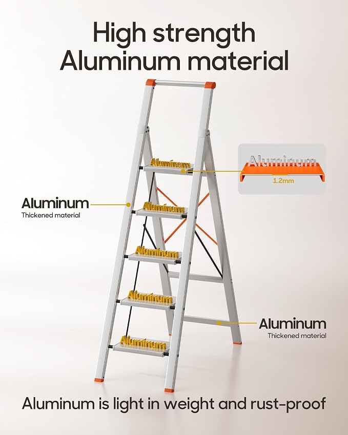 HillhutApex Aluminum 5 Step Ladder, Step Stool Foldable Ladder(Orange) | Anti-Slip Pedals,330lbs Capacity,Lightweight Folding Ladders for Home,Office,Libaray