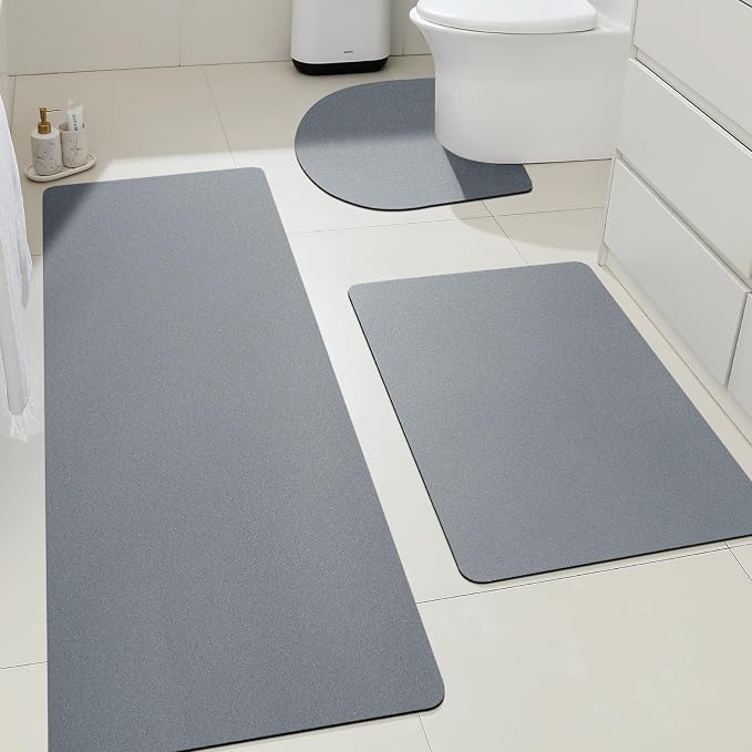 Non Slip Bath Mat, Thin Bathroom Rugs Fit Under Door, Quick Dry Bath Mats, Machine Washable Bath Rugs for Bathroom, Bathtub & Kitchen, Bathtub & Kitchen, Grey/Solid/3 Piece