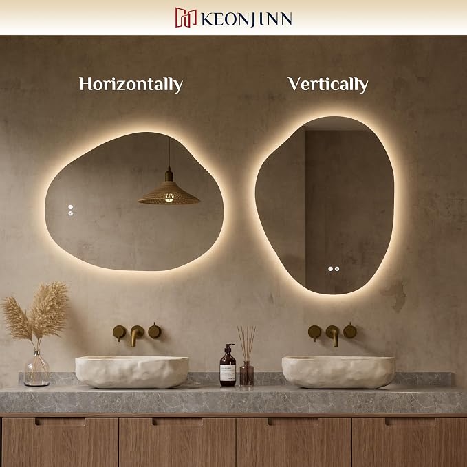 Keonjinn Asymmetrical LED Bathroom Mirror 30 x 40 Inch, HD Tempered Glass | Irregular Backlit Bathroom Mirror, Stepless Dimmable with 3 Colors, Fast Defogging, Memory Function, Horizontal/Vertical