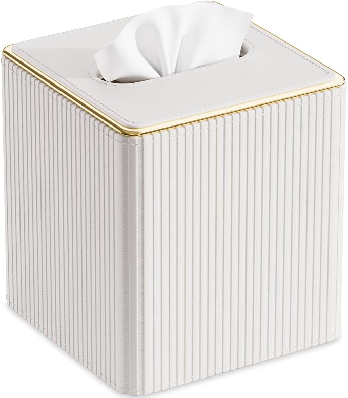 GORESE Tissue Box Cover Square Kleenexs Box Cover, PU Leather Tissue Cover with Gold-Tone Edging, Cube Tissue Box Holder for Bathroom Livingroom Car, Modern Decorative Kleenexs Cover, Cream White