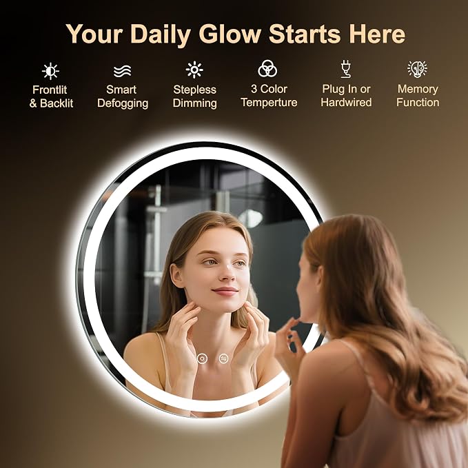 28 Inch Round LED Bathroom Mirror with Lights, Circle Lighted Vanity Mirror | Smart Anti-Fog, Dimmable 3 Color Modes, Backlit+Frontlit, Memory Function, HD Tempered Glass, Touch Sensor