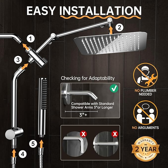 Veken All Metal 10"Luxurious Rain Shower Head with Handheld Spary,Power Jet | Square,Dual High Pressure Showerhead Combo,Double Detachable Shower Heads,Rainfall with Extension Arm,Long Hose,Chrome,Silver