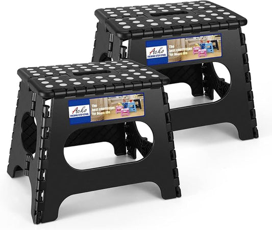 ACKO Folding Step Stools 11 Inch, 2 Pack, 300 lbs, Black | Lightweight Collapsible Stools for Adults and Kids with Handles, Non-Slip, for Kitchen, Bathroom, Bedroom and Closet