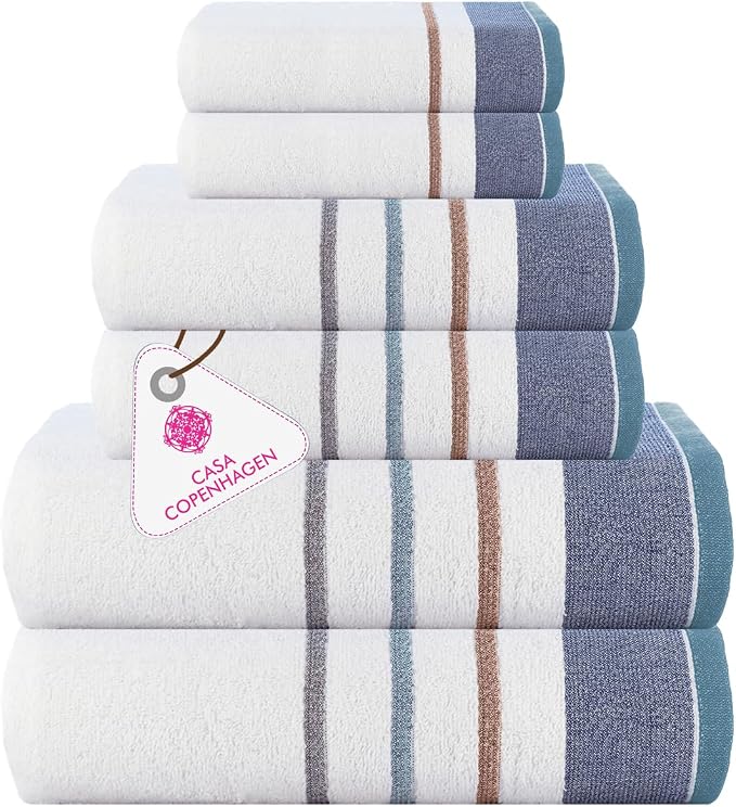 CASA COPENHAGEN 6pcs Bathroom Towel Gift Set, 600GSM,White - Denim | White Bay 100% Egyptian cotton ,2Bath 2Hand 2Washcloths, Towels for Bathroom. (Gift Set for Women & Men)