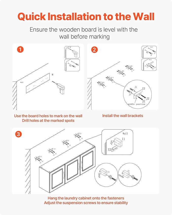 VEVOR Laundry Room Wall Cabinet, 2-Tier Wall Mounted Hanging Cabinet with Adjustable Shelf, Cupboard Storage with 3 Doors, for Kitchen, Bathroom, Laundry, 12.44 x 54 x 20.31 in (D x W x H), White