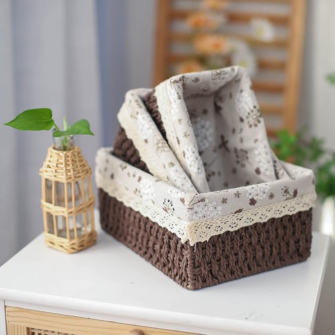 YRHOME Storage Baskets Set of 3,Decorative Paper Rope Woven storage Baskets with Liner,Rectangular Storage Bins Container for Makeup Bedroom Shelves Organizing,Home Deco, Brown