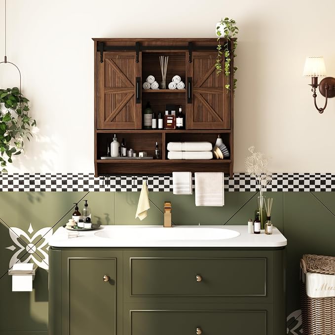 RUSTOWN Farmhouse Bathroom Wall Storage Cabinet with Sliding Barn Doors | 3-Tier, Rustic Wood Wall Mounted Cabinets, Vintage Medicine Cabinet, Adjustable Shelves, Over The Toilet Storage Cabinet