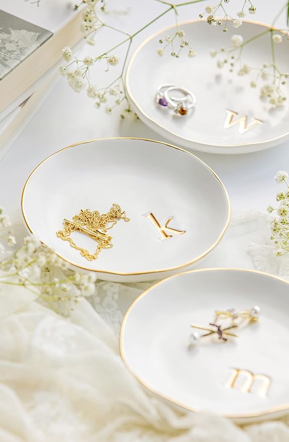COLLECTIVE HOME Ceramic Jewelry Tray, Trinket Dish, Gifts for Women (R) | Mother's Day, Birthday, Christmas, Engagement Gifts, Vanity, Nightstand Decor, Embossed Gold Monogram Ring Dish with Gift Box