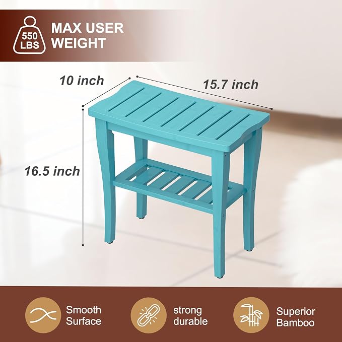 Bamboo Shower Bench Stool with Storage Shelf, Waterproof Shower Chair Spa Bath Seat, Shower Stool for Inside, Bathroom Bench Seat for Adults Elderly Seniors for Indoor or Outdoor Use(Sky Blue)