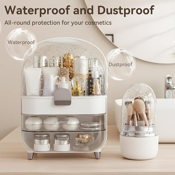 Makeup Organizer for Vanity with Brush Holder, Lid and 2 Drawers, Sliver | Large Capacity Bathroom Counter Organizer for Skincare, Cosmetic Storage, Dustproof, Waterproof, Teen Girl Gifts