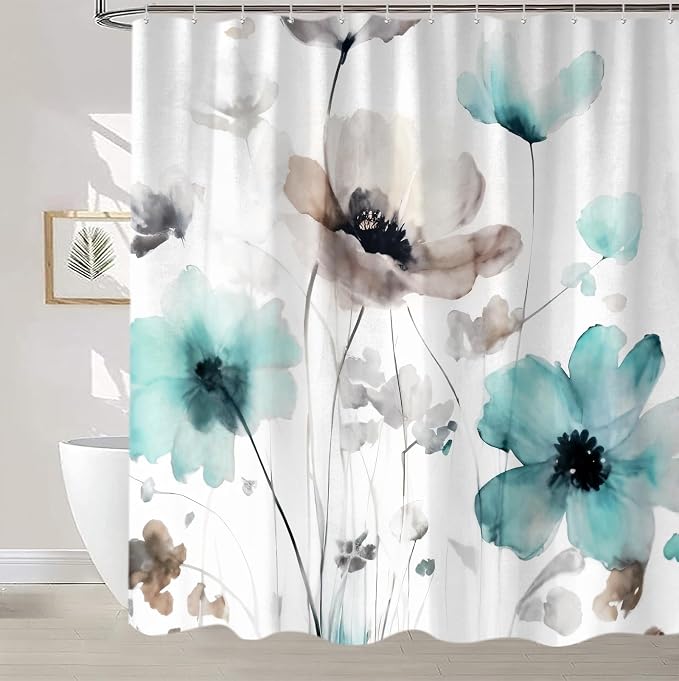 Sanzugh Boho Floral Shower Curtain, Cream Tan Beige Teal Grey White Flower Farmhouse Fabric Shower Curtains Set for Bathroom Decorative with Hooks 72 X 72 inch Spring Bath Decor