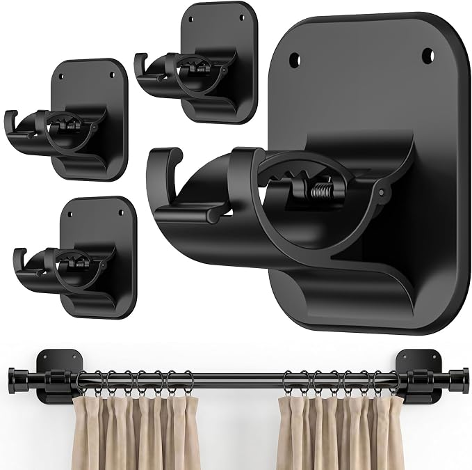 No Drill Curtain Rod Brackets-20LB, 4 Pack Self Adhesive Curtain Rod Holder | Peel and Stick Wall Hooks, Renter Friendly Upgrades for Apartment, Kitchen, Bathroom, Dorm, and RV, Housewarming Gifts