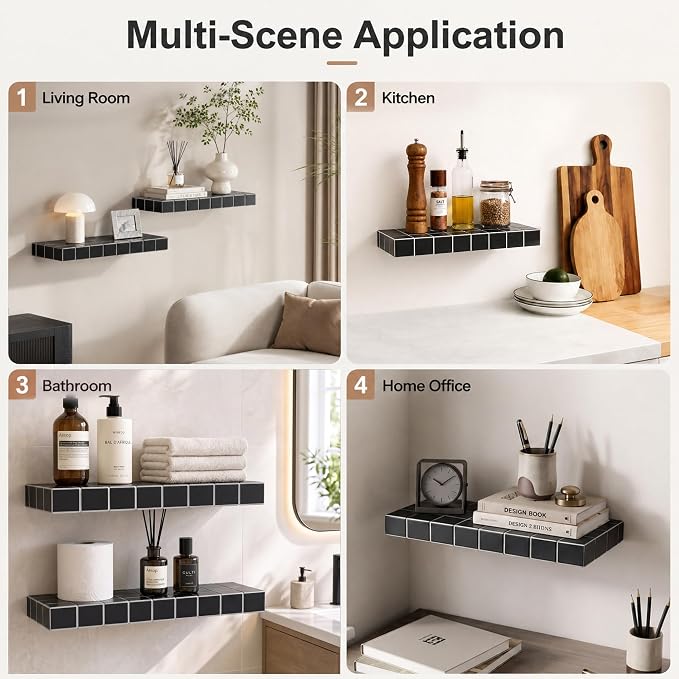 Floating Shelves, Set of 2, Black with White Lines | 15.7"W x 6.7"D x 1.5"H, set of 2, 25 lbs per shelf, 3D tile texture, splash-resistant, ~30 min assembly.