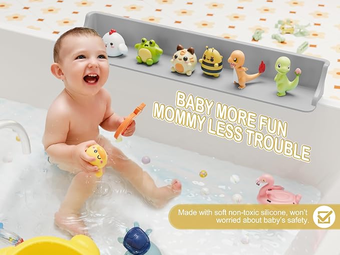 Cushore 3-Ft Bathtub Splash Guard PlayPad with Strong Suction Cups, Toy Tray Caddy Holder Storage, No-Leak, Mess-Free Bath Time for Kids, Grey
