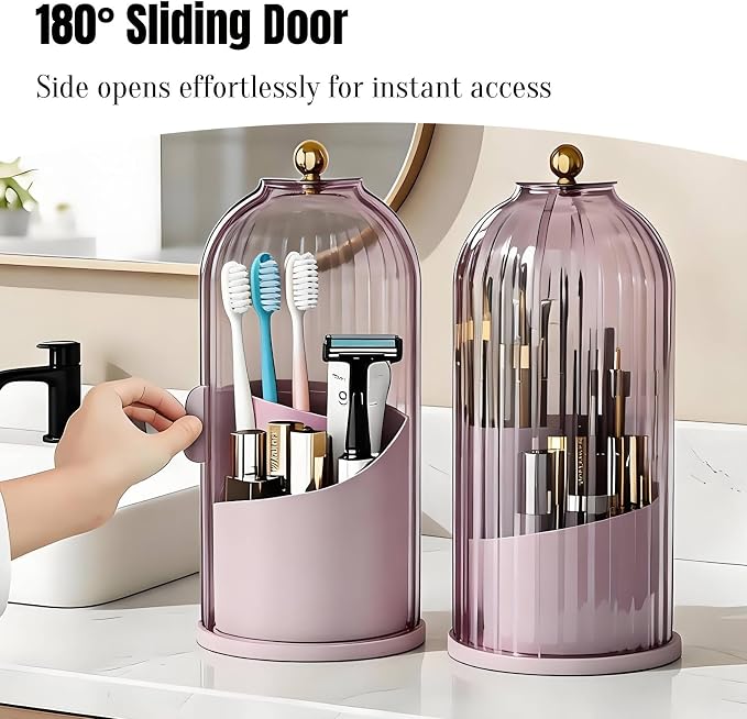 JEESA Dustproof Toothbrush Holder with Cover, Pink | 360° Rotating, 180° Sliding Lid, 3 Slots, Toothbrush Organizer, for Bathroom Countertop