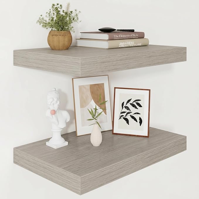 Vivelove Deep Floating Shelves for Wall 16x12” Set of 2, Grey | Easy Install With Hardware, 2" Thick, Invisible Brackets, Wall Mounted, No Sagging, For Any Room