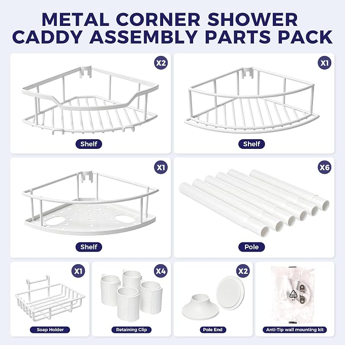 Corner Shower Caddy Tension Pole, 4-Tier Fan-Shaped Adjustable Rustproof Bathroom Organizer Shelves, 47"-125'', No-Drill Quick Installation for Inside Shower, Bathtub, Black (WHITE)