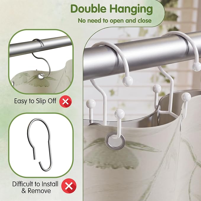 OEH Shower Curtain Hooks, Metal Shower Curtain Rings, Decorative Shower Curtain Hooks Rust Proof, Double Shower Rings for Curtain, Easy Install Anti-Drop Shower Hooks for Shower Curtain White, 12 Pack