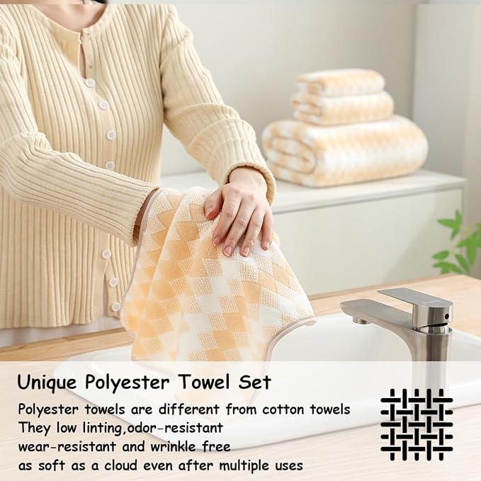 12 Pcs Yellow White Diamond Towel Set-4 Bath Towels,4 Hand Towels,4 Washcloths Soft Polyester Bath Sheet with Loop Absorbent Shower Towel Quick Dry Beach Chair Towel Family Towels for Bathroom Spa Gym