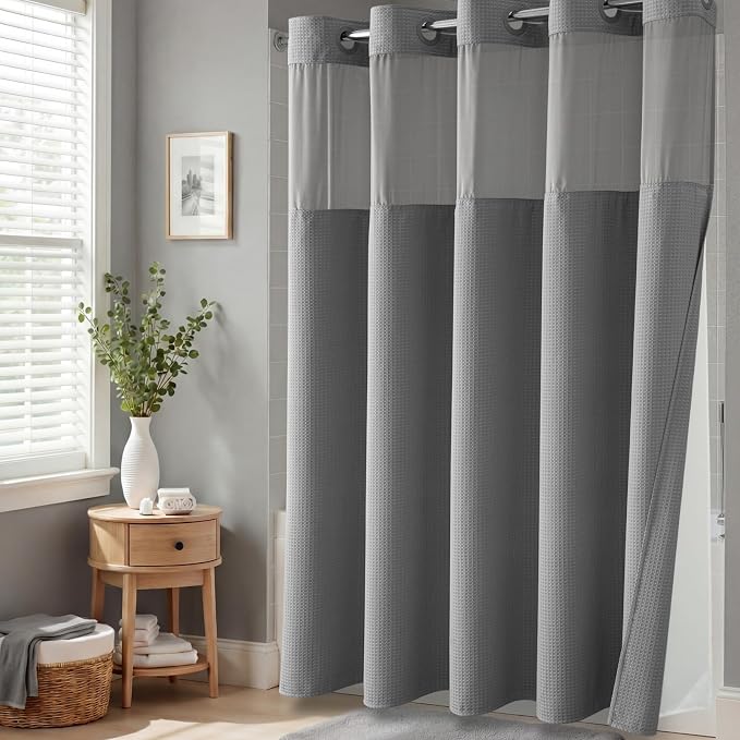 Grey Hook Free Waffle Shower Curtain & Snap-in Fabric Liner,72x75 | Less Time to install, 3 in 1 Fabric Shower Curtain and Liner Set with Magnets, Mesh Top Window, Shower Curtains for Bathroom