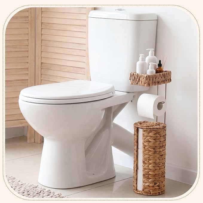Novabright Freestanding Toilet Paper Holder with Storage, Holds 3 Rolls, Handmade Woven Water Hyacinth Stand, Boho Farmhouse Bathroom Organizer