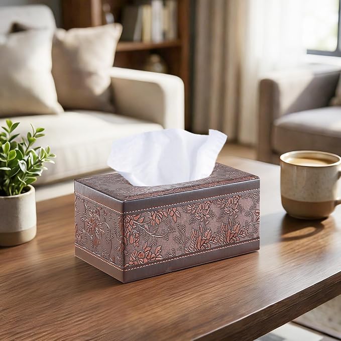 Retro Tissue Box Cover Rectangle,Aesthetic Facial Tissue Cube Box Holder | PU Leather Rectangular Facial Paper Napkin Dispenser Organizer, Decor Tissue Cover for Bathroom,NightStand,Coffee Table,Home