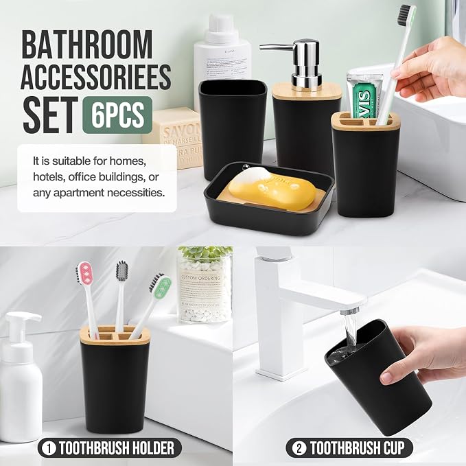 Hommtina Bamboo Bathroom Accessory Set, 6 Pcs Bathroom Essential Includes Toothbrush Cup, Toothbrush Holder, Soap Dispenser, Soap Dish, Toilet Brush with Holder, Trash Can (Black Square)