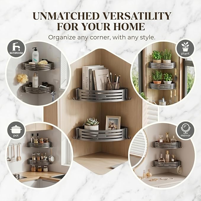 2 PCS Corner Shower Caddy Suction Cup, Rustproof Aluminum Shower Shelves with Hooks, No-Drilling Upgrade Bionic Suction Cup Shower Organizer, Removable Bathroom Storage Corner Shelf(Grey)