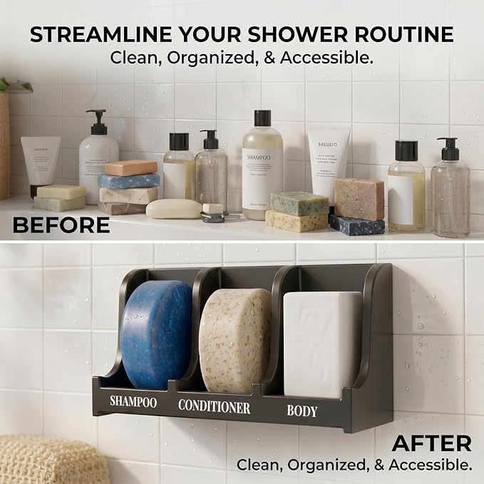 Soap Holder for Shower Wall, 3-Compartment Soap Dish for Shampoo, Conditioner and Body Soap, Fast Draining & Rust-Proof & Heavy Duty, Ultra-Strong Adhesive for Long-Term Bathroom Use & Freestanding