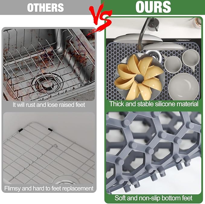 Sink Protectors Mat - 25.79"x13.98" Kitchen Sink Pad for Bottom of Basin for Protection of Stainless Steel and Tableware, Farmhouse Rubber Basin Mat Protector with Rear Drain - Light Gray