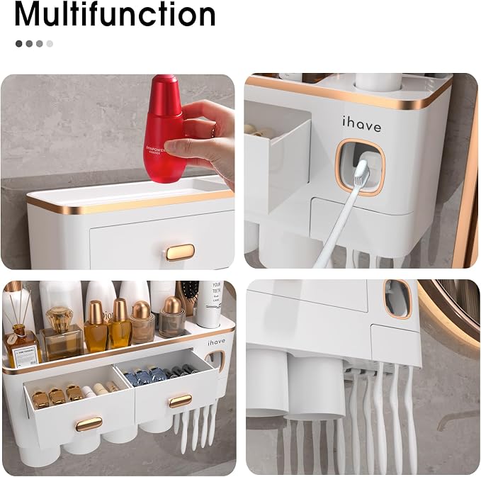 iHave Toothbrush Holders Bathrooms Wall Mount Toothpaste Dispenser & 4 Cups | Elegant White & Gold Bathroom Decor: 4 Cups, 7 Slots, Toothpaste Dispenser, Tray & Drawer Wall Mount Toothbrush Organizer