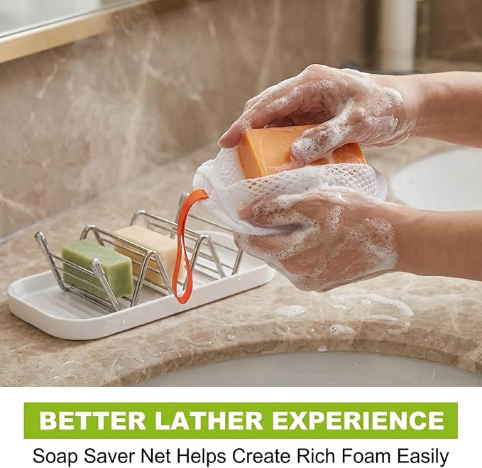 Wavy Soap Holder for Shower, 304 Stainless Steel Shampoo Bar Holder with Drainage Tray & Foaming Net for Shampoo Bar, Conditioner Bar, Kitchen Sink Countertop (2 Compartment Soap)