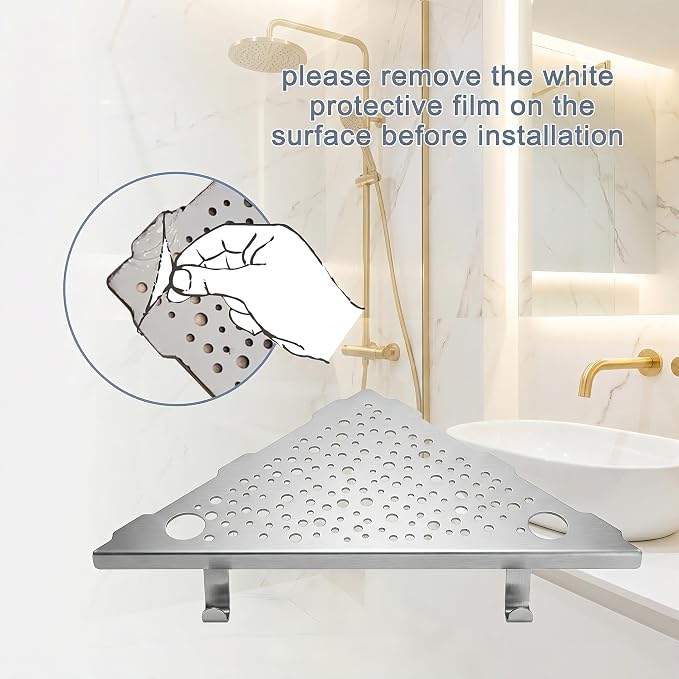 HIDROP Brushed Nickel 10" Corner Shower Shelves with Hooks and Holes,2 Pack | 4 Hooks & 4 Razor Holes, 304 Stainless Steel Bathroom Corner Shelf, Fast Drainage, Embed into Tile Gap, Modern Bathroom Shelf