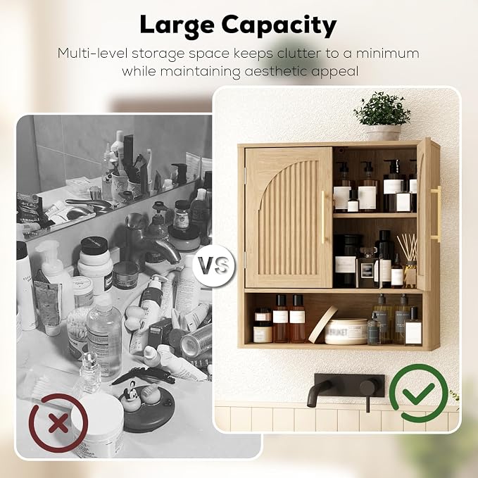RUSTOWN Fluted Bathroom Wall Cabinet with Arched Doors & Rounded Edges | Over The Toilet Storage Cabinet with Adjustable Shelf, Mid Century Modern Medicine Cabinets, Laundry & Kitchen Shelving Unit